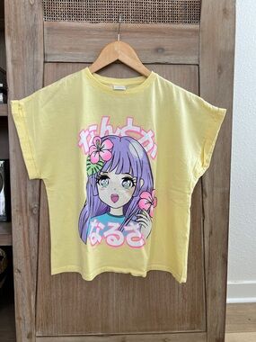 Zara Yellow Tee with Purple Anime Girl and Pink Floral Accents